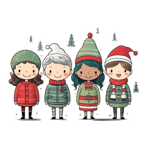 Cute cartoon children Santa Claus friends helper Merry Christmas watercolor illustration isolated