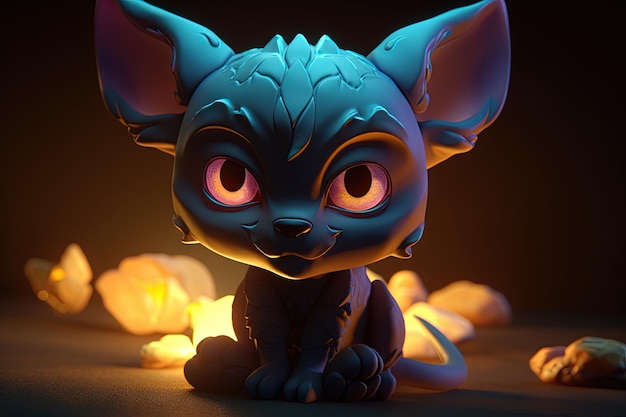 Cute cartoon chimera sitting on the floor Chibi art 3D glowing light nft style