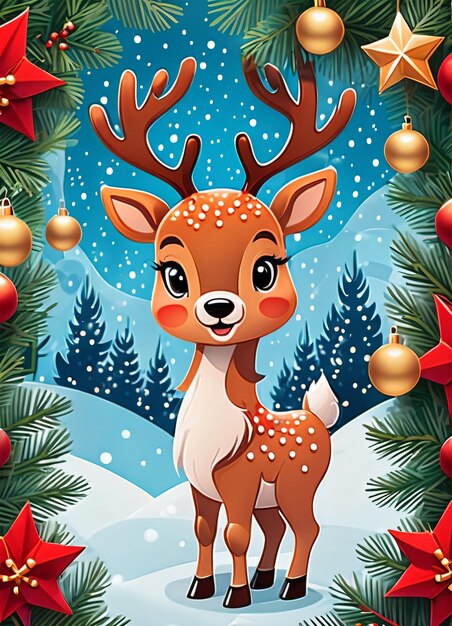 Cute cartoon christmas deer illustration greetings card