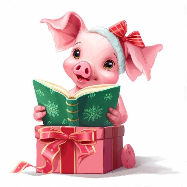 Cute Cartoon Christmas Pig Reading Book In Gift