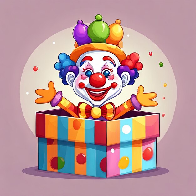 Photo cute cartoon clown out from gift box for april fools background