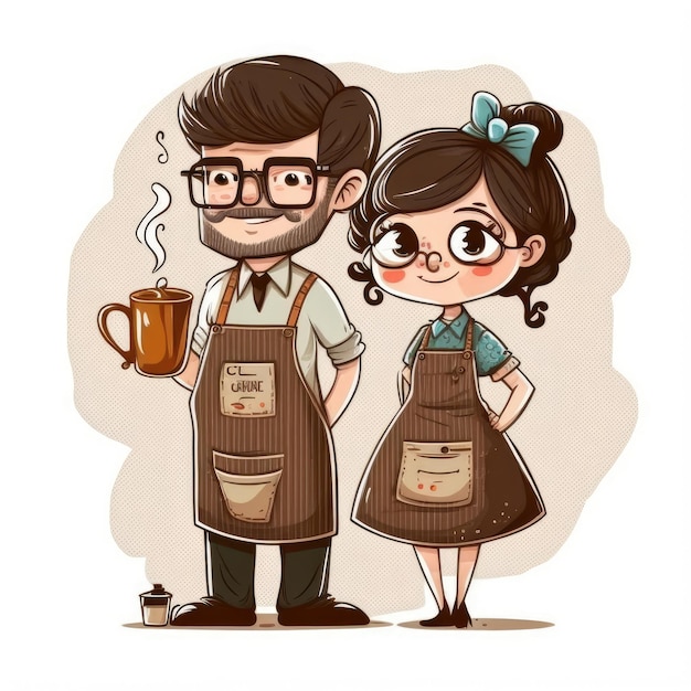 Cute cartoon couple barista in apron happy character white background Made by AIArtificial intelligence