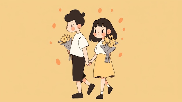 cute cartoon couple is wearing short sleeves and holding the flowers yellow background