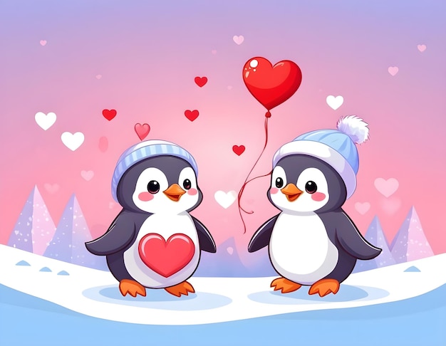 Photo cute cartoon couple of penguins on valentine s day