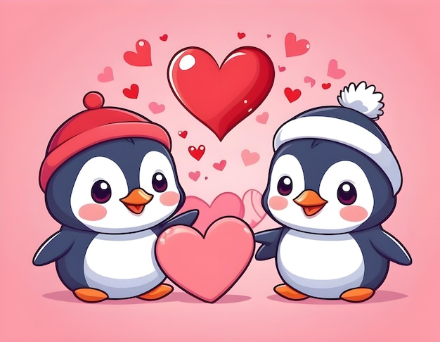 Photo cute cartoon couple of penguins on valentine s day