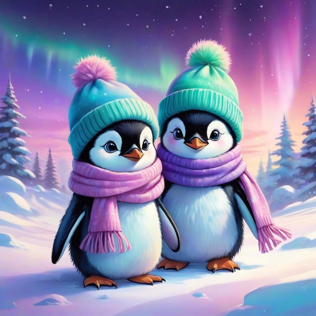 A cute cartoon couple of penguins in a winter hat scarves and fur earmuffs is holding a heartshape