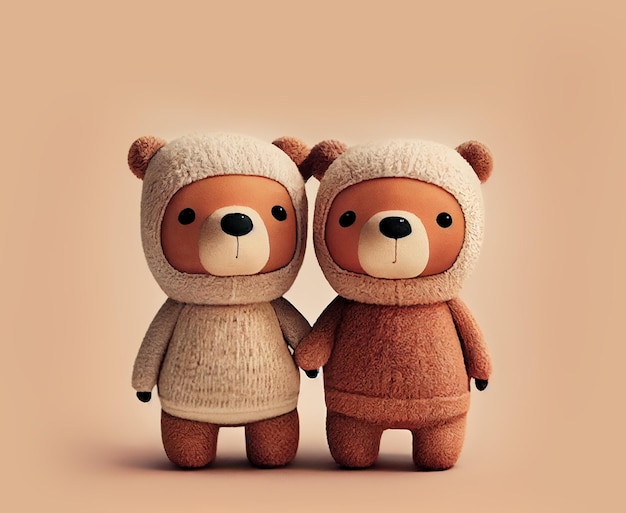 Cute cartoon couple teddy bear doll Happy friendsip concept Generative AI