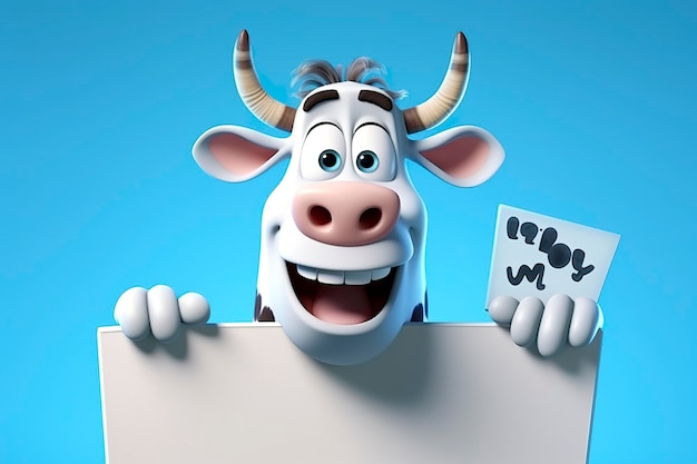 Cute Cartoon Cow Holding a Sign Generative AI