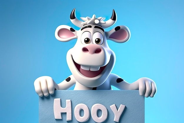 Foto una caricatura di una mucca che tiene in mano un segno di ia generativa