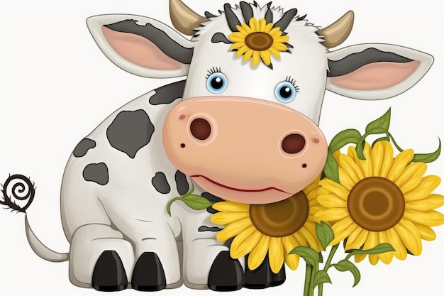 Cute cartoon of cow with sunflower no background