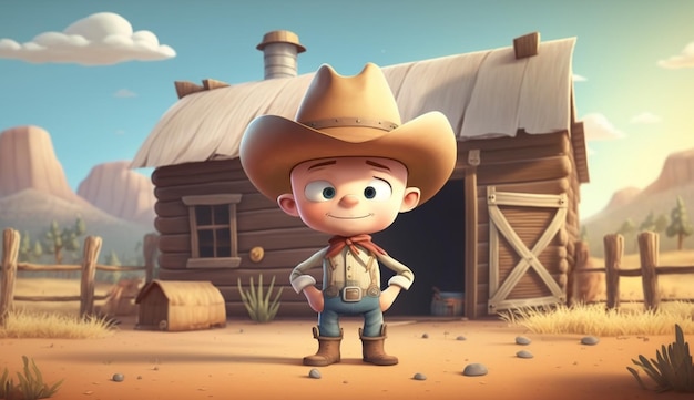 Photo cute cartoon cowboy on a ranch generative ai