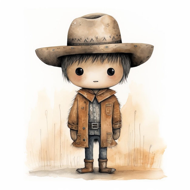Cute cartoon cowboy with hat on white background Watercolor illustration