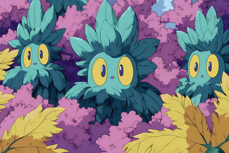 Photo cute cartoon creatures hiding in a garden of pink and yellow flowers