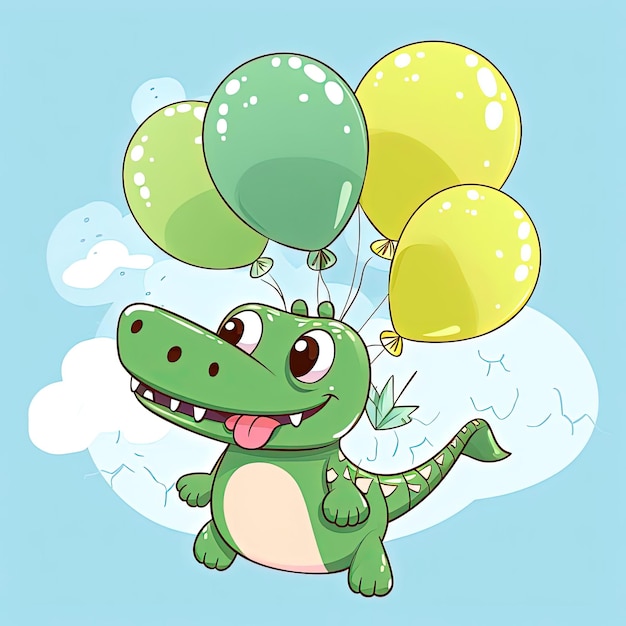 a cute cartoon crocodile flying with balloons in the style of kawaii aesthetic