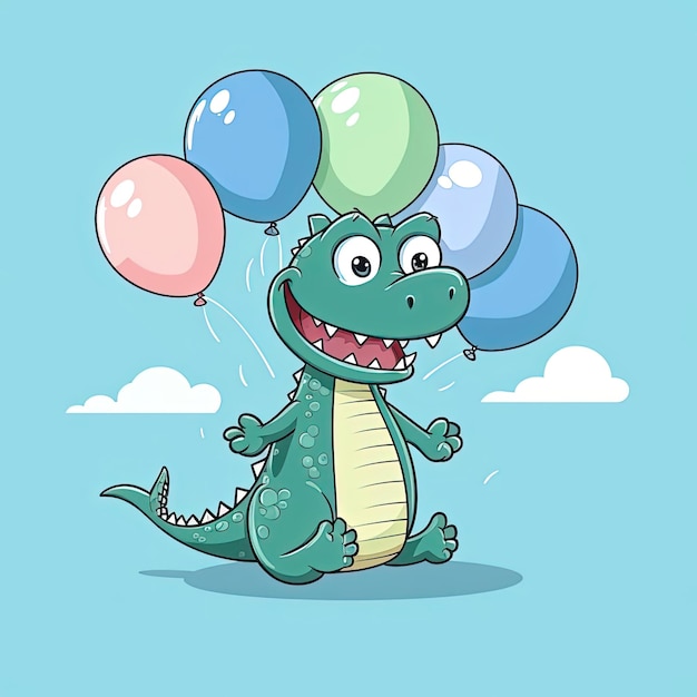 a cute cartoon crocodile flying with balloons in the style of kawaii aesthetic