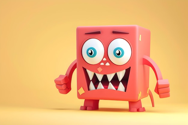 Cute Cartoon Cube Monster with Exaggerated Features on Vibrant Plain Background for Animation