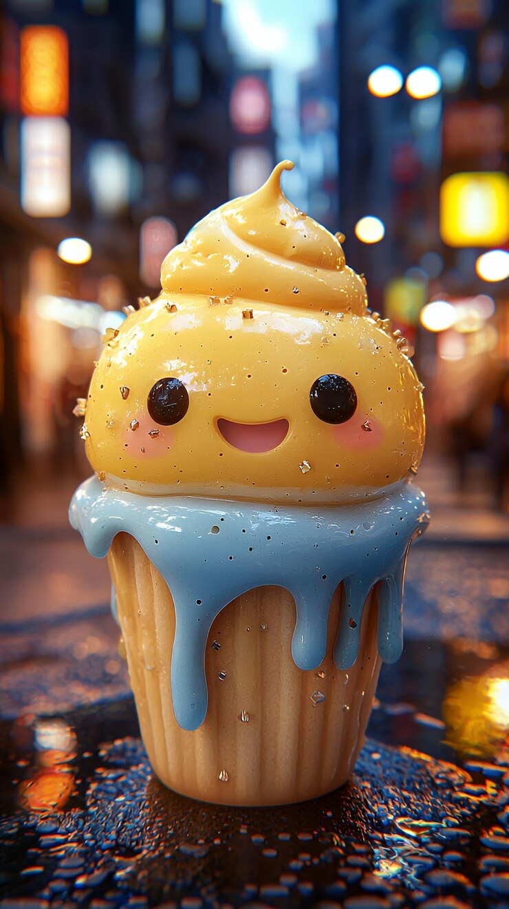 Photo cute cartoon cupcake with dripping blue icing in city setting
