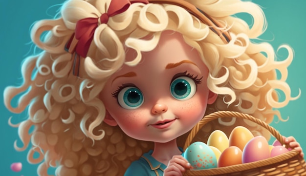 Cute Cartoon Curly Haired Blonde Girl Holding a Basket of Easter Eggs Generative AI