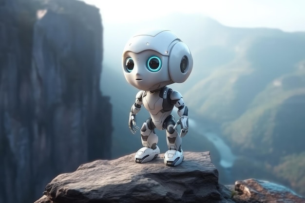Cute Cartoon Cyborg With Very Big Eyes And A Pitying Look Against A Rock Ledge With A Magnificent