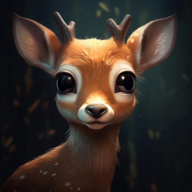 Cute cartoon deer with big beautiful eyes closeup