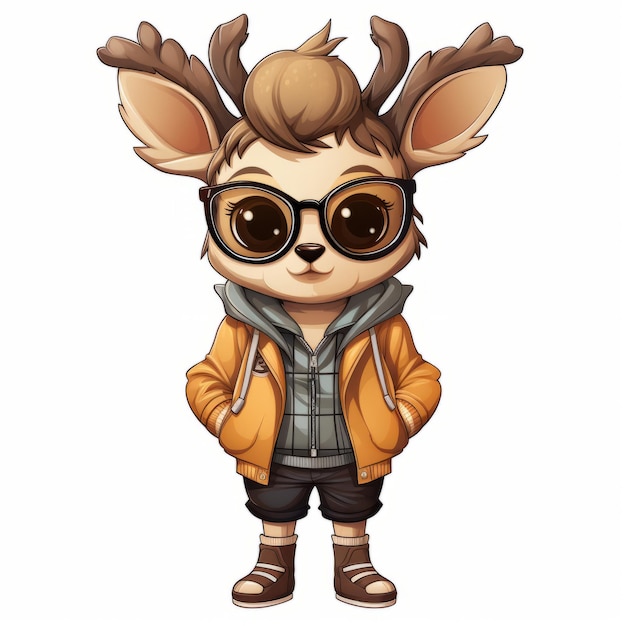 Cute cartoon deer with sunglasses isolated on white background Vector illustration