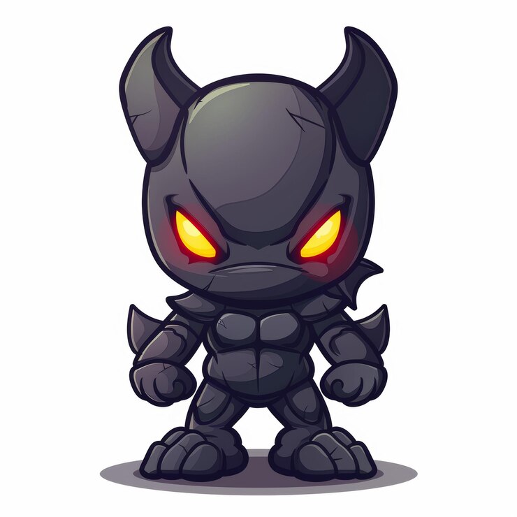 Photo a cute cartoon devil with horns glowing eyes and a dark gray body