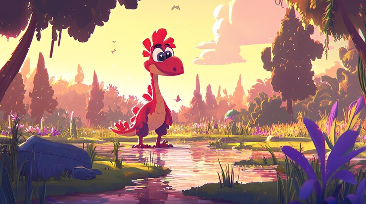 Photo cute cartoon dinosaur by a lake at sunset