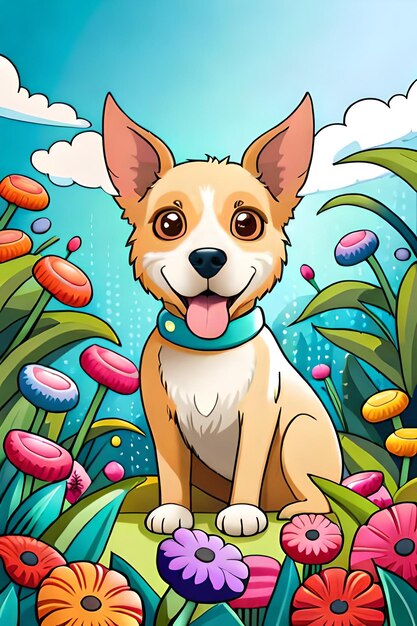 Cute cartoon dog characters with flower background generative ai