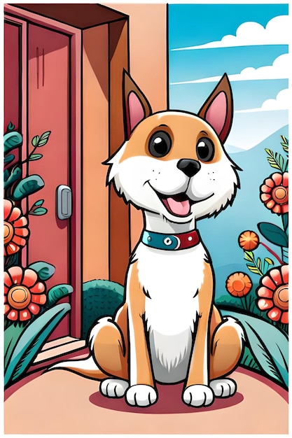 花の背景の生成 ai とかわいい漫画の犬のキャラクター