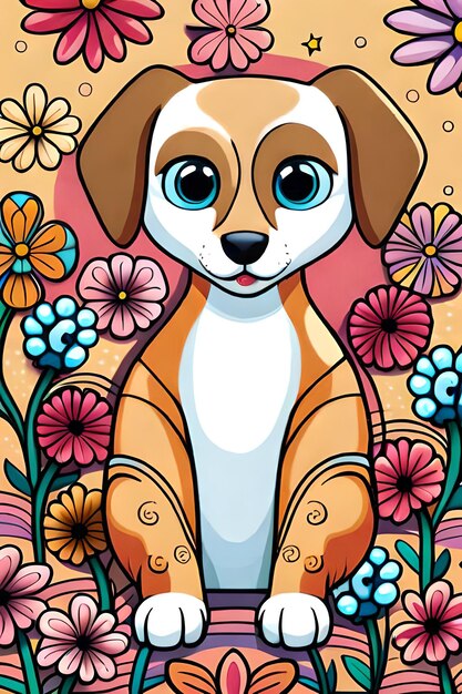 Cute cartoon dog characters with flower background generative ai