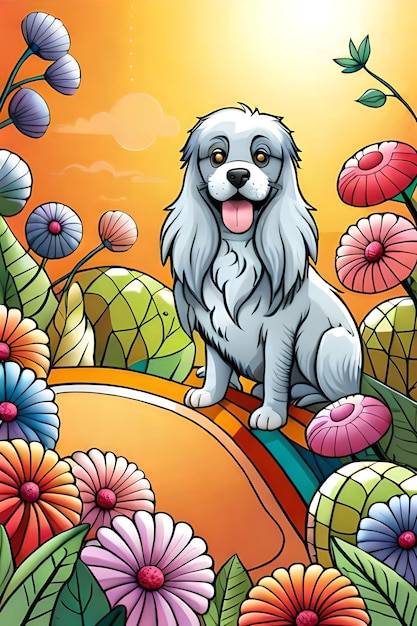 花の背景の生成 ai とかわいい漫画の犬のキャラクター
