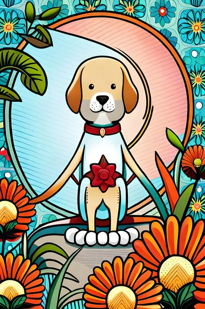 Cute cartoon dog characters with flower background generative ai