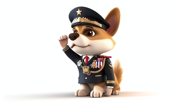 A cute cartoon dog in a military uniform is saluting