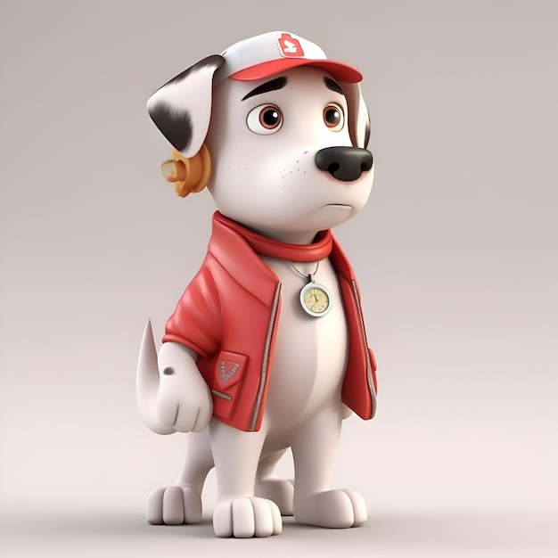 赤いジャケットを着たステトスコップを持った可愛い漫画の犬
