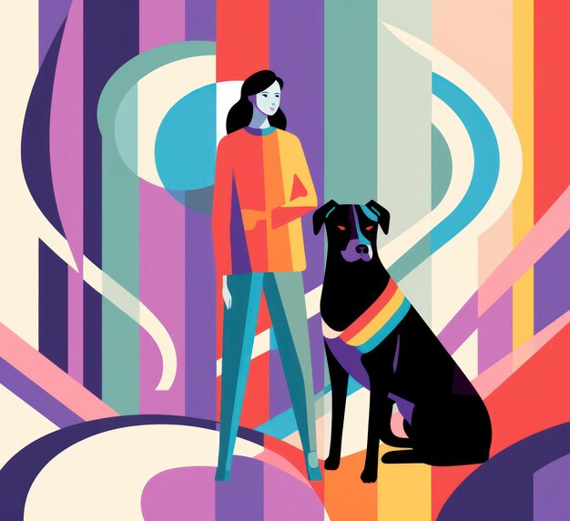 Photo cute cartoon dog and woman playful friendship on a colorful background