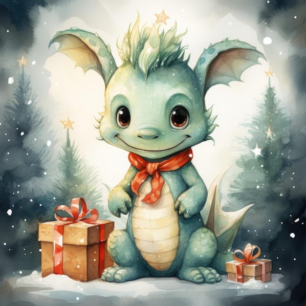 Cute cartoon dragon with gift box in winter forest Watercolor illustration