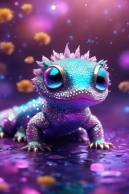 cute cartoon dragon with purple eyes and stars on a blue background