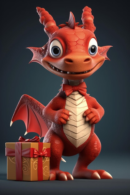 Cute Cartoon Dragon With Very Big Eyes With A Big Gift Box Generative AI