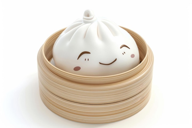 Cute cartoon dumpling with smile Smiling dim sum character container on bamboo steamer