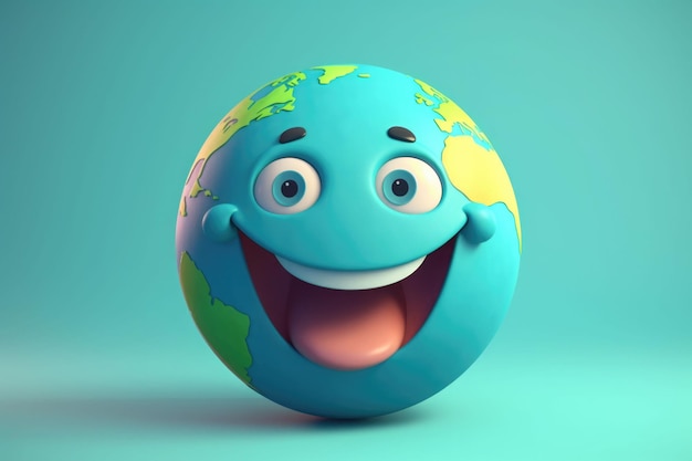 Cute cartoon Earth with smiling face Green and blue planet Generative AI