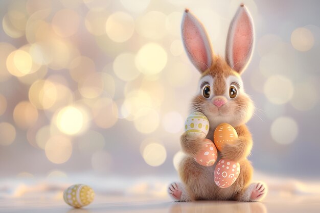 사랑스러운 만화 부활절 토끼는 축제 계란을 들고 즐거운 축제에 축제적인 감각을 더합니다.