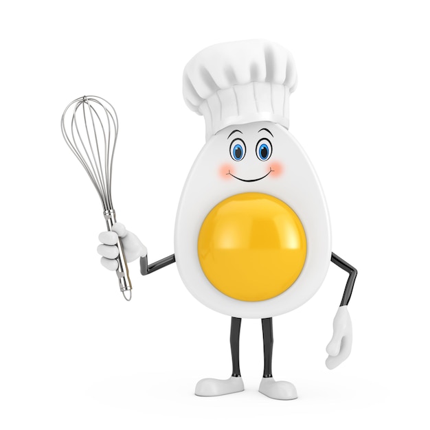 Photo cute cartoon egg character person mascot in chef hat using wire whisk eggs beater 3d rendering