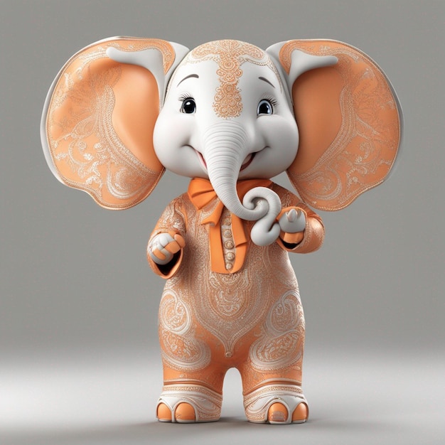 Милый мультяшный слон в оранжевой одежде красивое все тело улыбается на чистом белом фоне