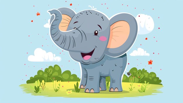 Photo a cute cartoon elephant stands on green grass with blue sky and clouds behind it