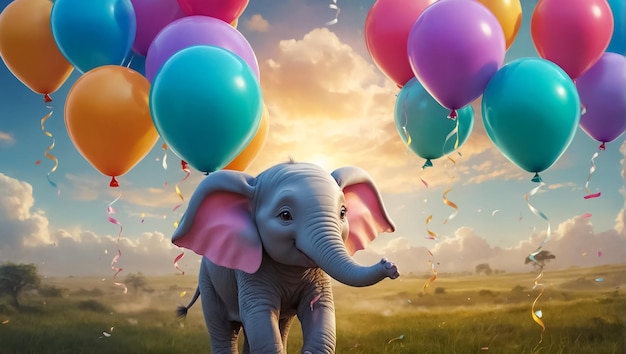 Cute cartoon elephant with balloons