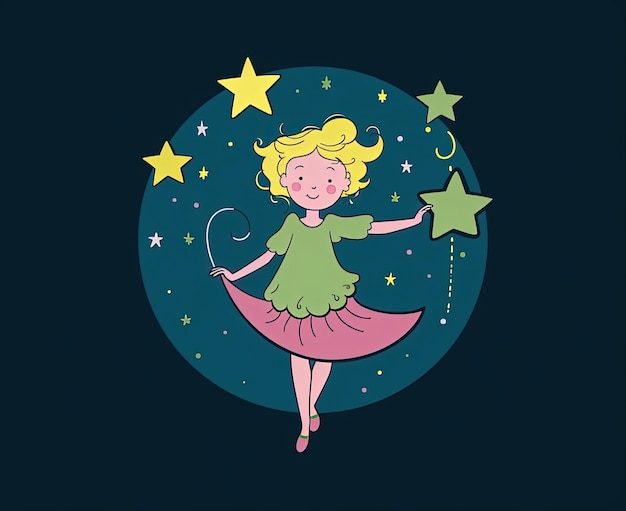 Photo cute cartoon fairy holding star and moon in space illustration in the style of jean jullien