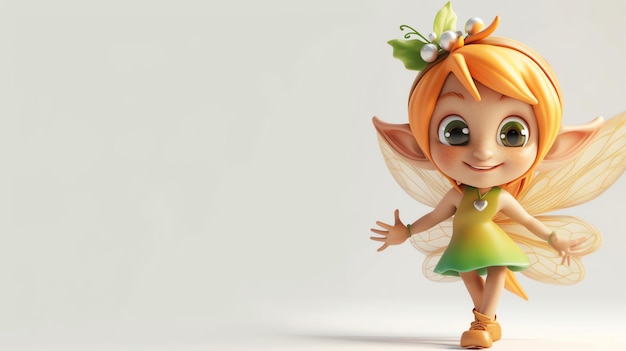 Cute cartoon fairy with orange hair and green wings