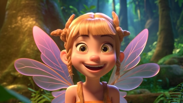 Cute cartoon fairy with wings in a magical forest