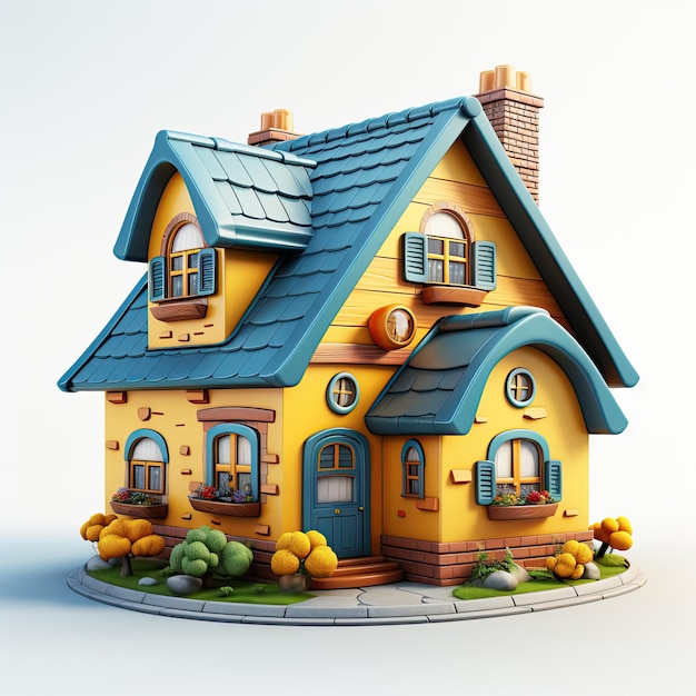 Cute cartoon fairy yellow house with blue roof on a white isolated background