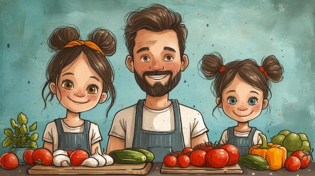 Cute cartoon family with vegetables Father mother and daughter in aprons Generative AI